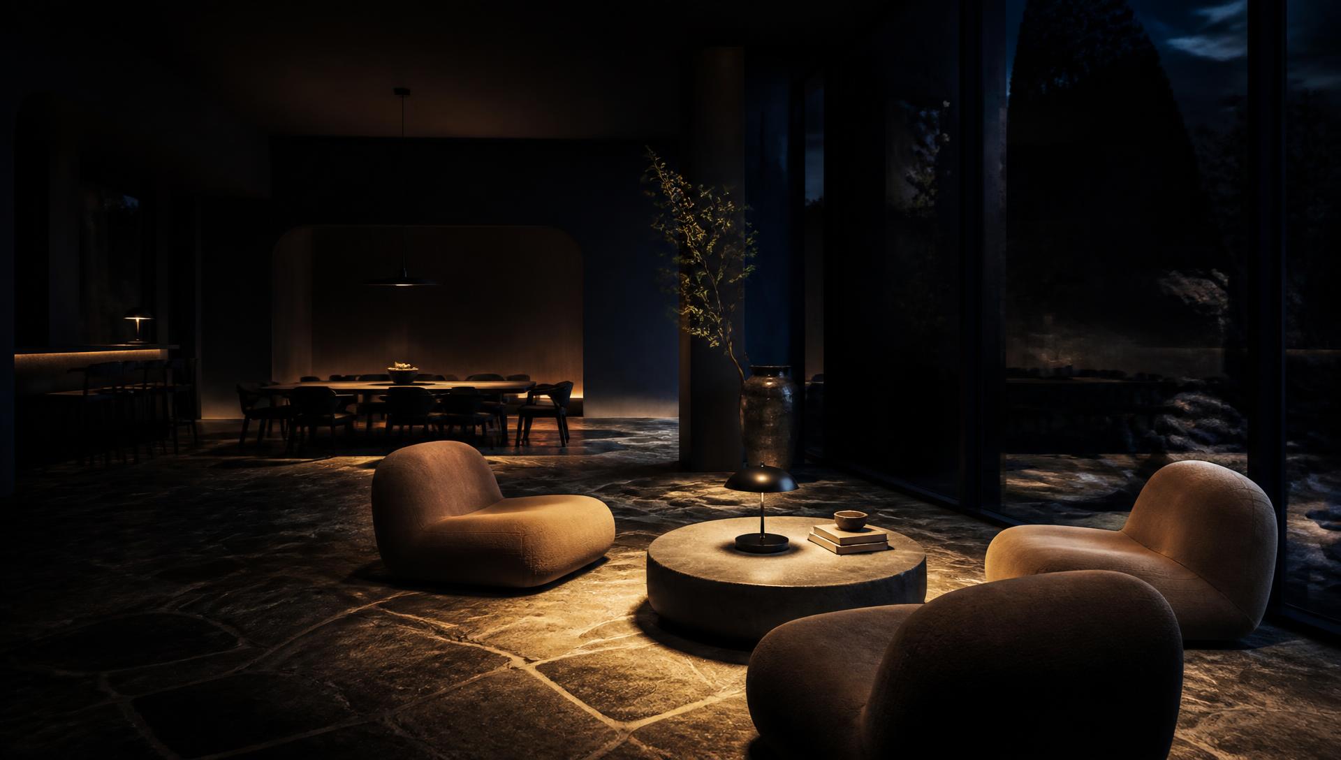 Softly lit lounge at dusk