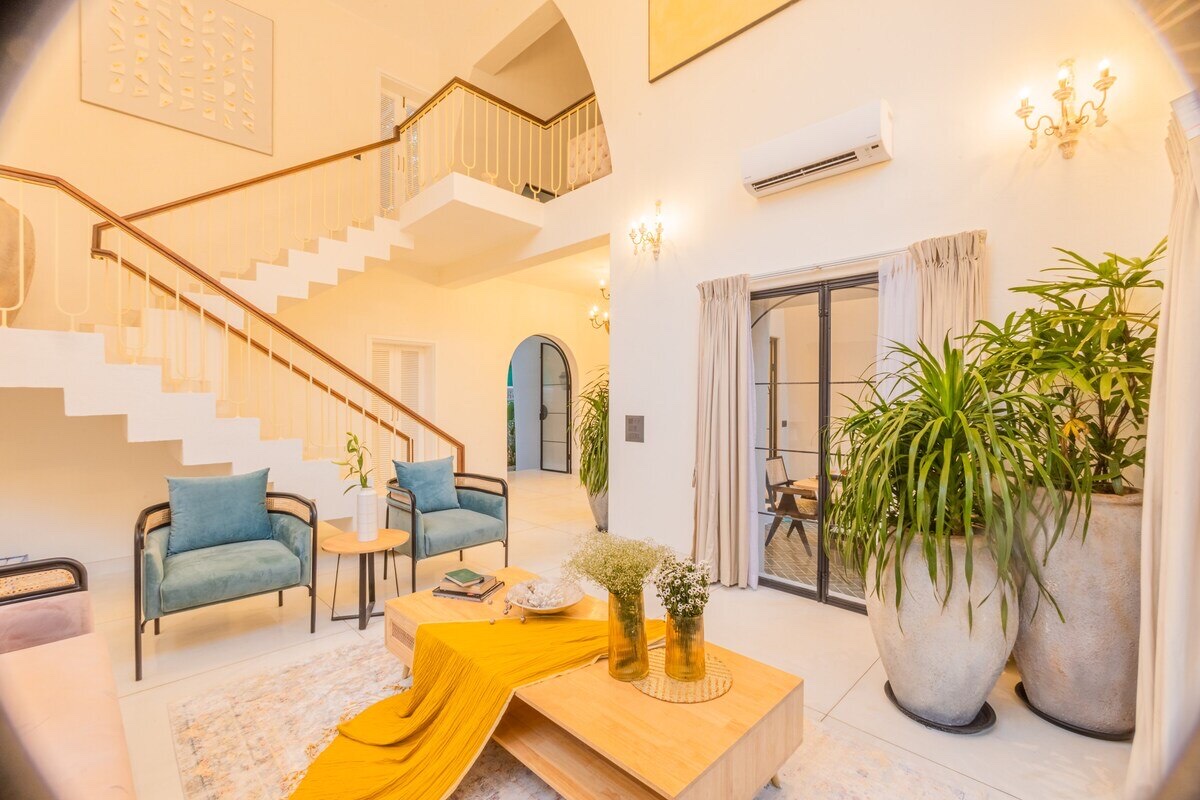 Double-height living room at AMOR, Vagator